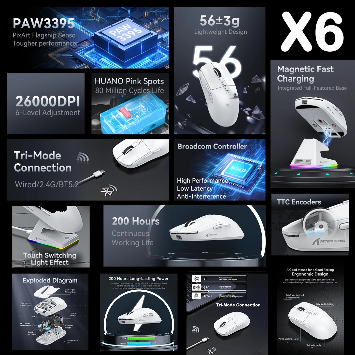 Mouse sem fio Attack Shark X11/X6/X3/R1